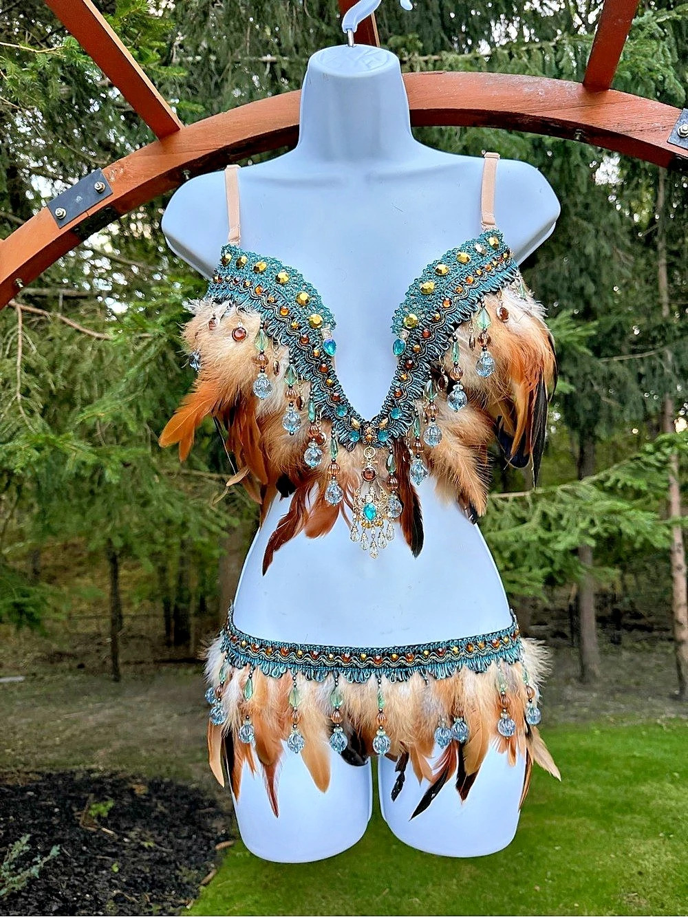 Feathered Beaded Costume Set in Blue & Brown